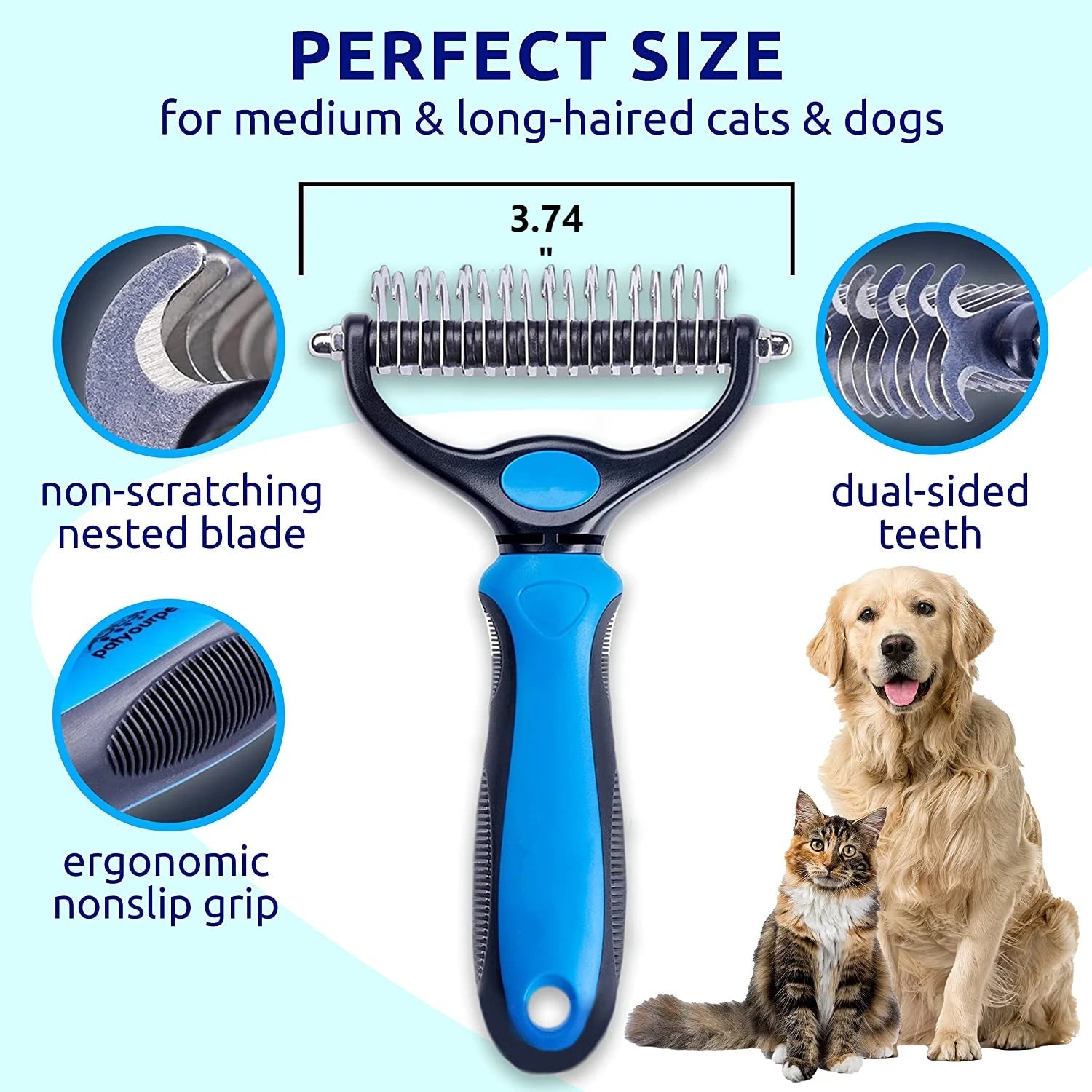 Pet Deshedding Brush for Dogs and Cats - Double - Sided Undercoat Rake for Dogs & Cats - Shedding Comb and Dematting Tool for Grooming, Extra Wide - Firstpetcentral