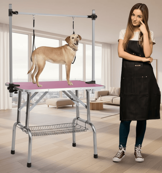 Professional 36 inch folding pet grooming table with stainless steel frame and rubber pad, equipped with adjustable armrests and clips (pink) - Firstpetcentral