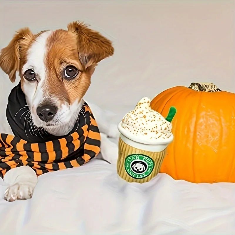 Star Pups Coffee Plush Squeaky Toy for Dogs - Cartoon Patterned Fabric, Medium Breed Recommended, Interactive Pumpkin Spice - Firstpetcentral