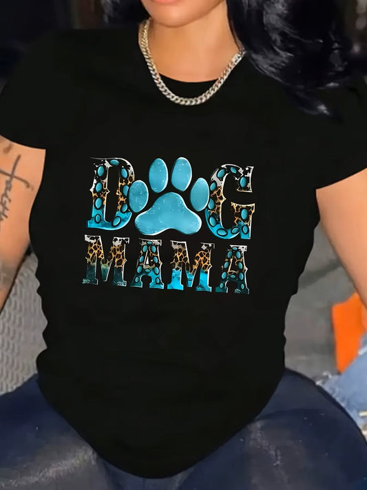 Stylish Dog MaMa Print Crew Neck Short Sleeve Plus Size Women T-Shirt Graphic Tee Cotton Shirt For Everyday Wear, 200g - Firstpetcentral