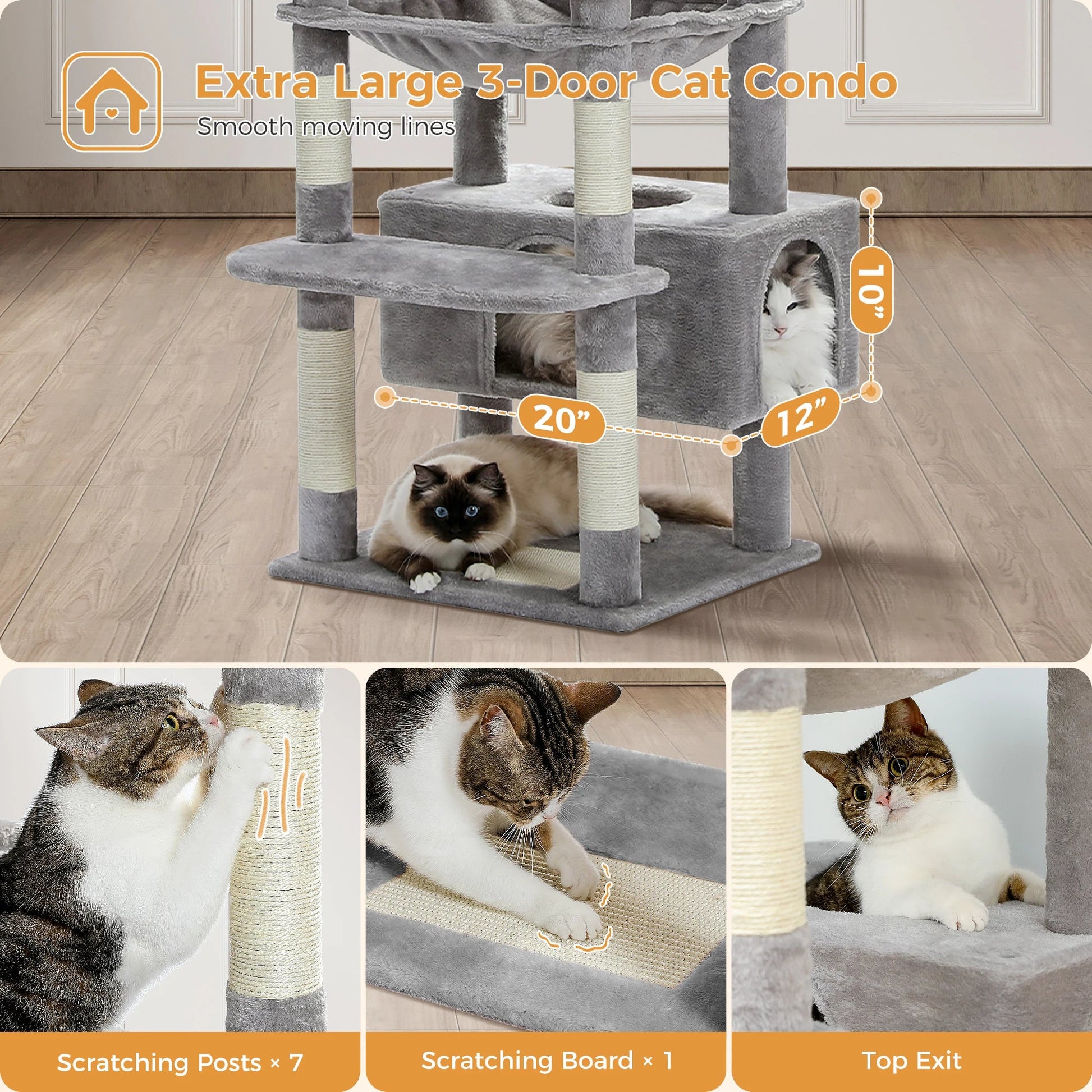 Tall Plush MultiLevel Cat Tree Condo with Scratchers - Firstpetcentral