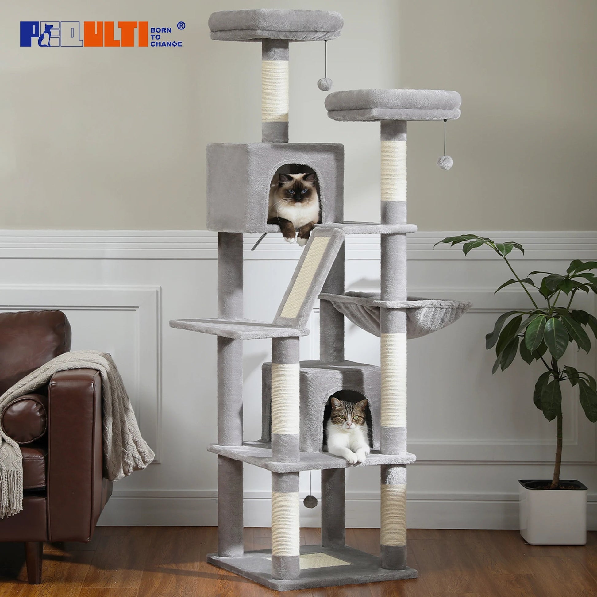 Tall Plush MultiLevel Cat Tree Condo with Scratchers - Firstpetcentral