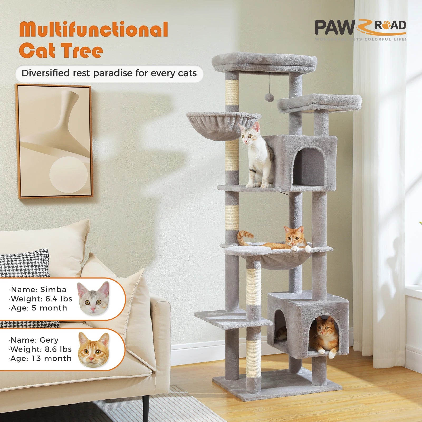 Tall Plush MultiLevel Cat Tree Condo with Scratchers - Firstpetcentral