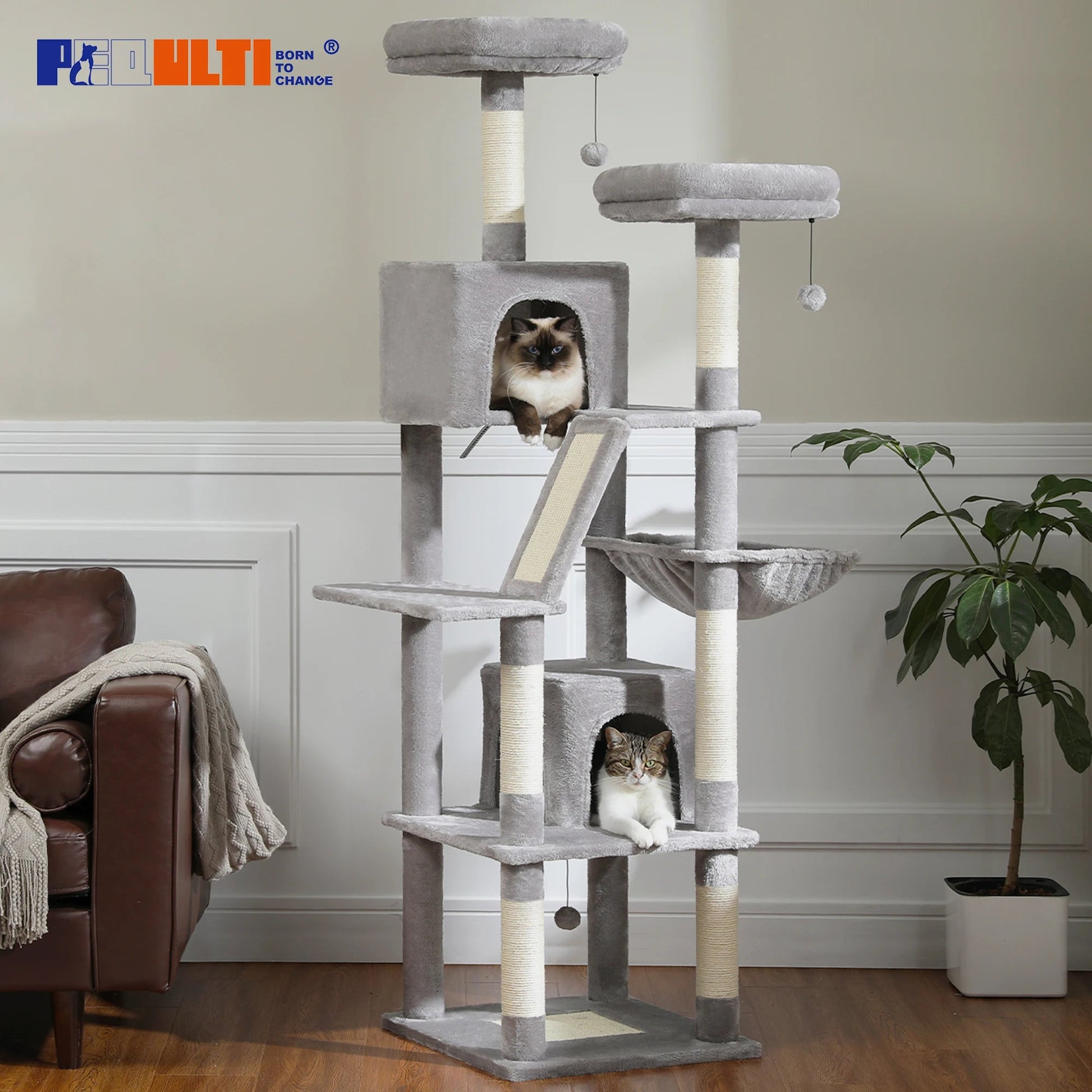 Tall Plush MultiLevel Cat Tree Condo with Scratchers - Firstpetcentral