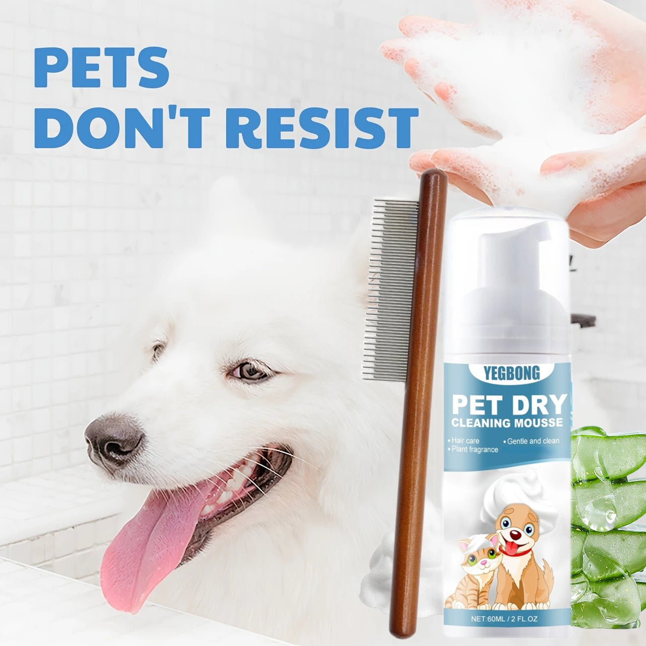 Waterless Dry Cleaning Foam + Flea Comb Set - Quick Pet Grooming Kit for Dogs and Cats - 5 - Minute Easy Bath / No Water Wash Required / Gentle Plant Formula, Dog Grooming Supplies, Shampoo And Conditioner For Dogs, Fast Drying Spray For Grooming, Pet Shamp - Firstpetcentral