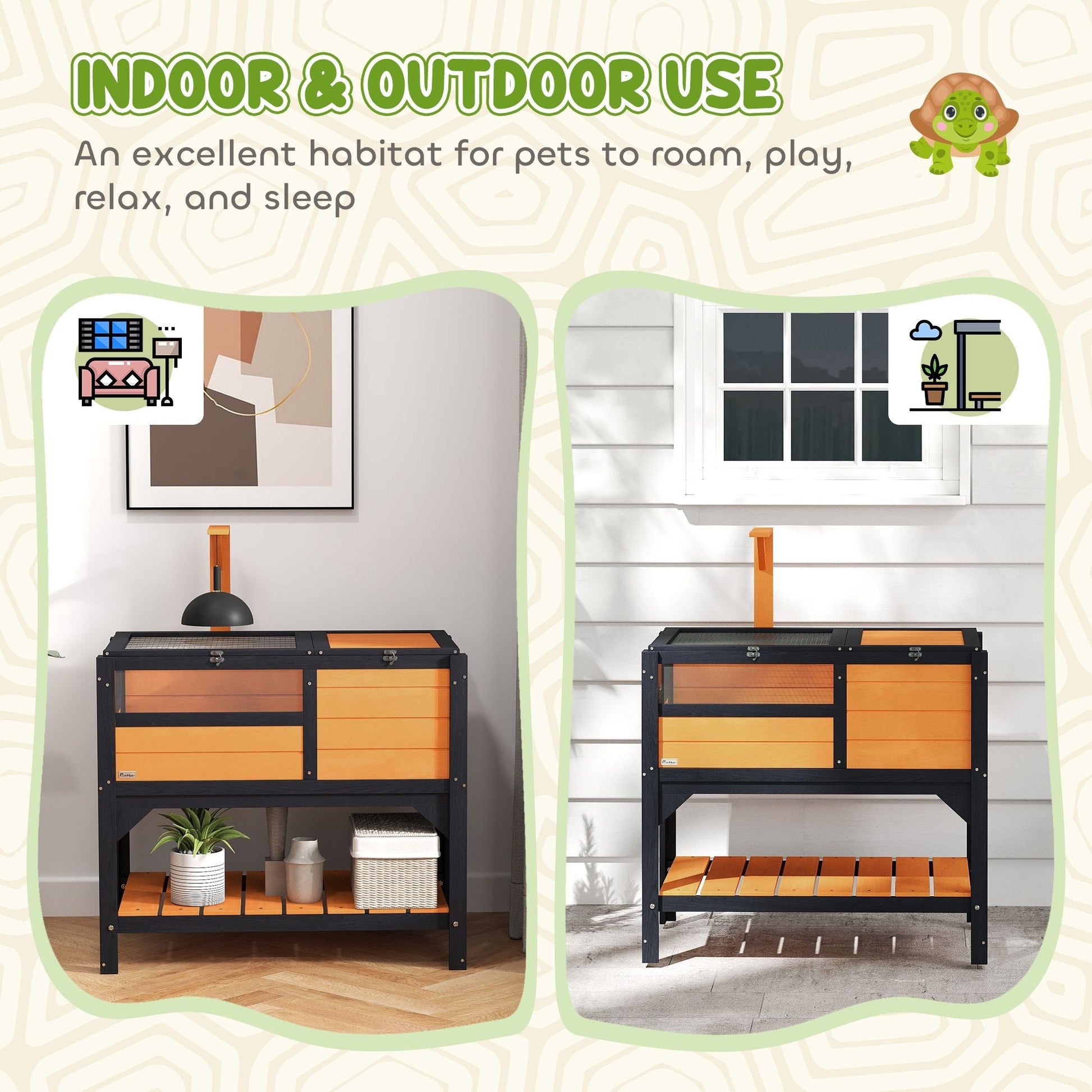 Wooden Tortoise Enclosure with Weather Protection - Indoor Habitat and Shelf Storage - Firstpetcentral